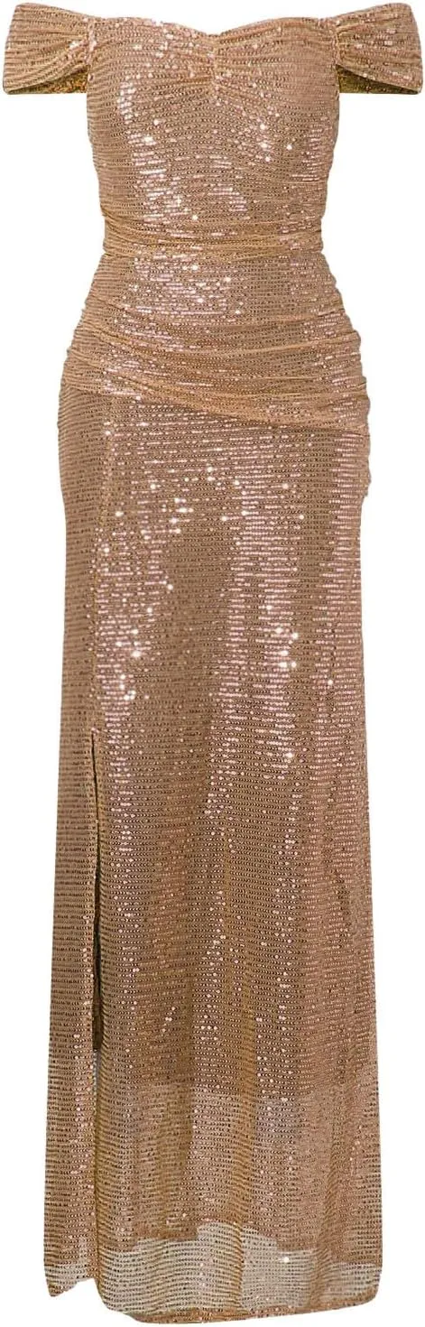 Off Shoulder Sequins Prom Dresses for Women Long Mermaid Pleated Formal Evening Party Gowns with Slit Sparkly Dress