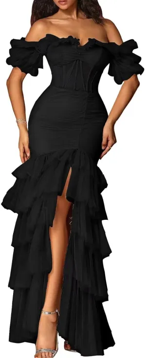 Off Shoulder Tiered Tulle Prom Dresses Long Mermaid Ruffle Slit Formal Evening Party Gowns