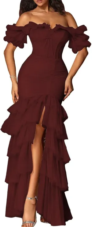 Off Shoulder Tiered Tulle Prom Dresses Long Mermaid Ruffle Slit Formal Evening Party Gowns