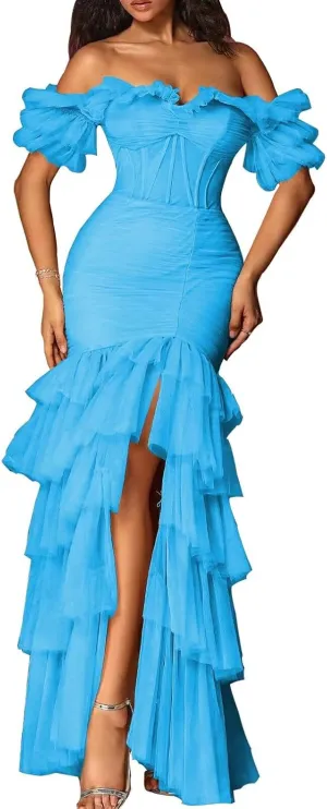 Off Shoulder Tiered Tulle Prom Dresses Long Mermaid Ruffle Slit Formal Evening Party Gowns