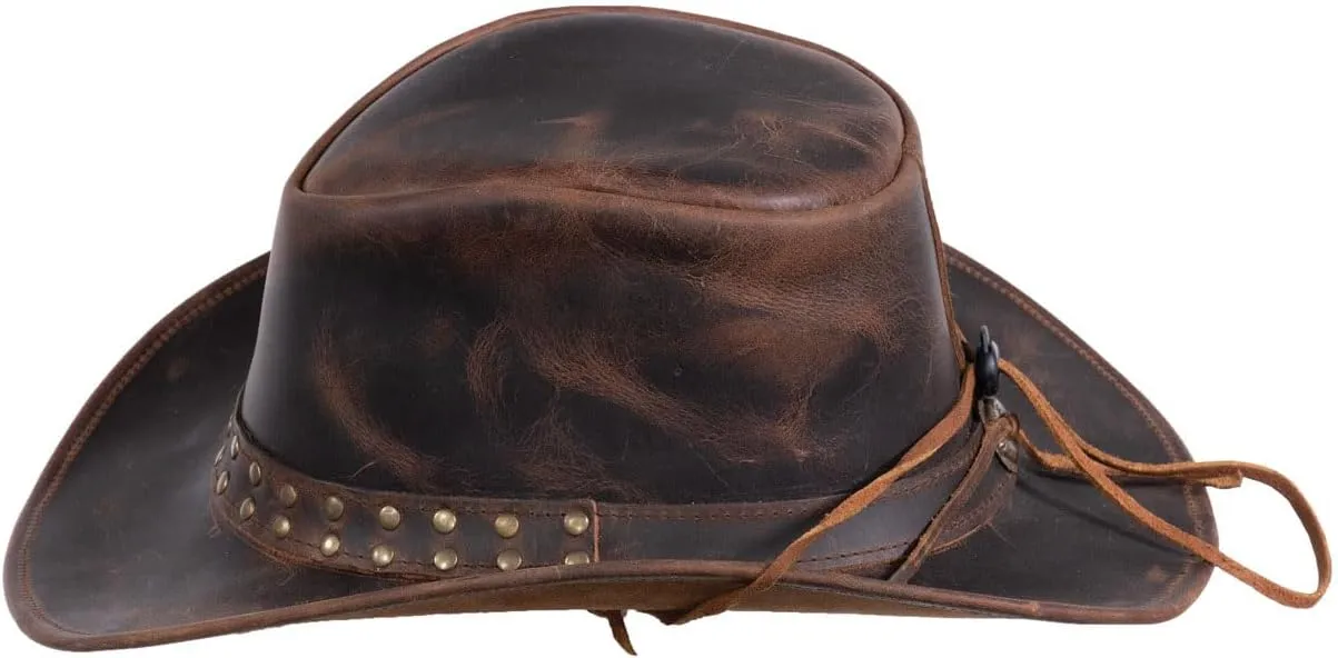 Outback Trading Company Hemlock Leather Durable Brown Cowboy Hat with Chin Cord & Double Studded Hatband