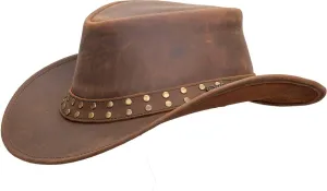 Outback Trading Company Hemlock Leather Durable Brown Cowboy Hat with Chin Cord & Double Studded Hatband