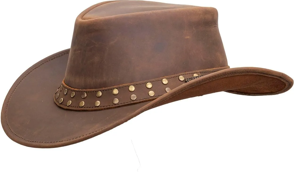 Outback Trading Company Hemlock Leather Durable Brown Cowboy Hat with Chin Cord & Double Studded Hatband