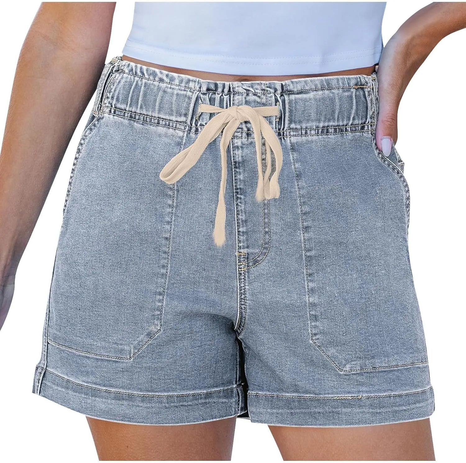 Palaver Jean Shorts Womens Summer Casual Elastic High Waisted Pull On Jorts with Pockets Stretchy Denim Shorts