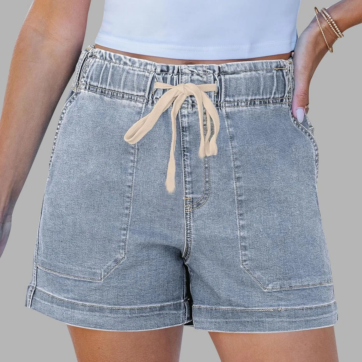 Palaver Jean Shorts Womens Summer Casual Elastic High Waisted Pull On Jorts with Pockets Stretchy Denim Shorts