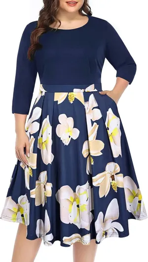 Pinup Fashion Plus Size Work Dresses - Fall Church Office Semi Formal Fit and Flare Midi Dress with Pockets