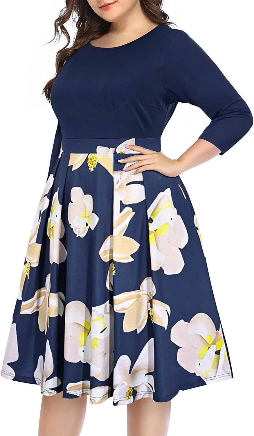 Pinup Fashion Plus Size Work Dresses - Fall Church Office Semi Formal Fit and Flare Midi Dress with Pockets