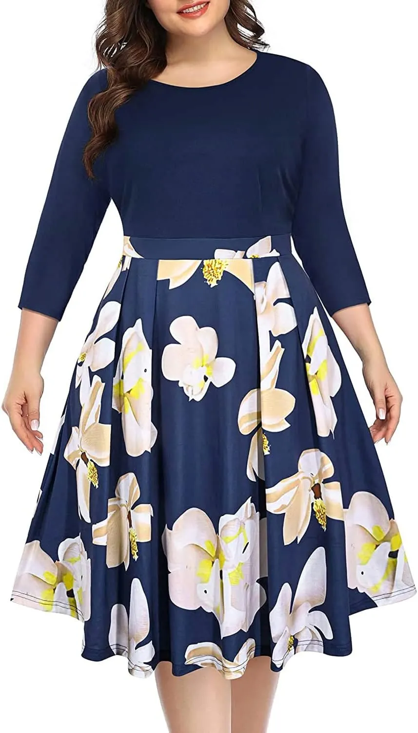 Pinup Fashion Plus Size Work Dresses - Fall Church Office Semi Formal Fit and Flare Midi Dress with Pockets
