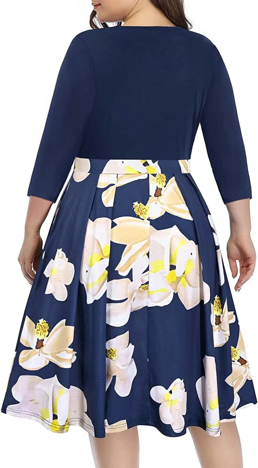Pinup Fashion Plus Size Work Dresses - Fall Church Office Semi Formal Fit and Flare Midi Dress with Pockets
