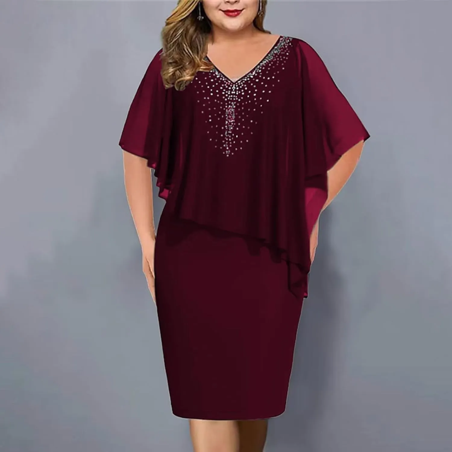 Plus Size Cape Dress for Women Elegant Casual V Neck Bodycon Pencil Dress with Chiffon Overlay Wedding Cocktail Party Dress