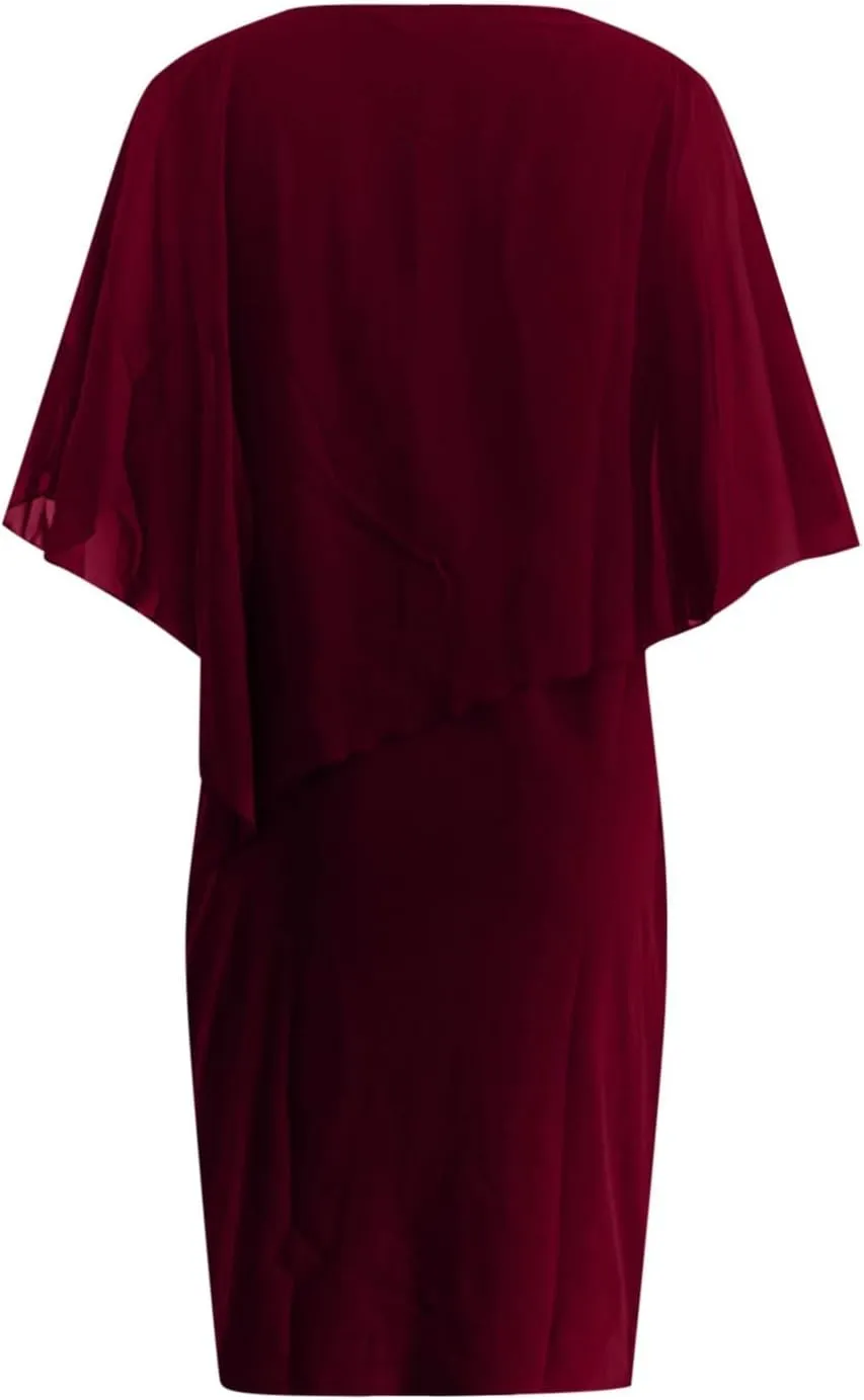 Plus Size Cape Dress for Women Elegant Casual V Neck Bodycon Pencil Dress with Chiffon Overlay Wedding Cocktail Party Dress