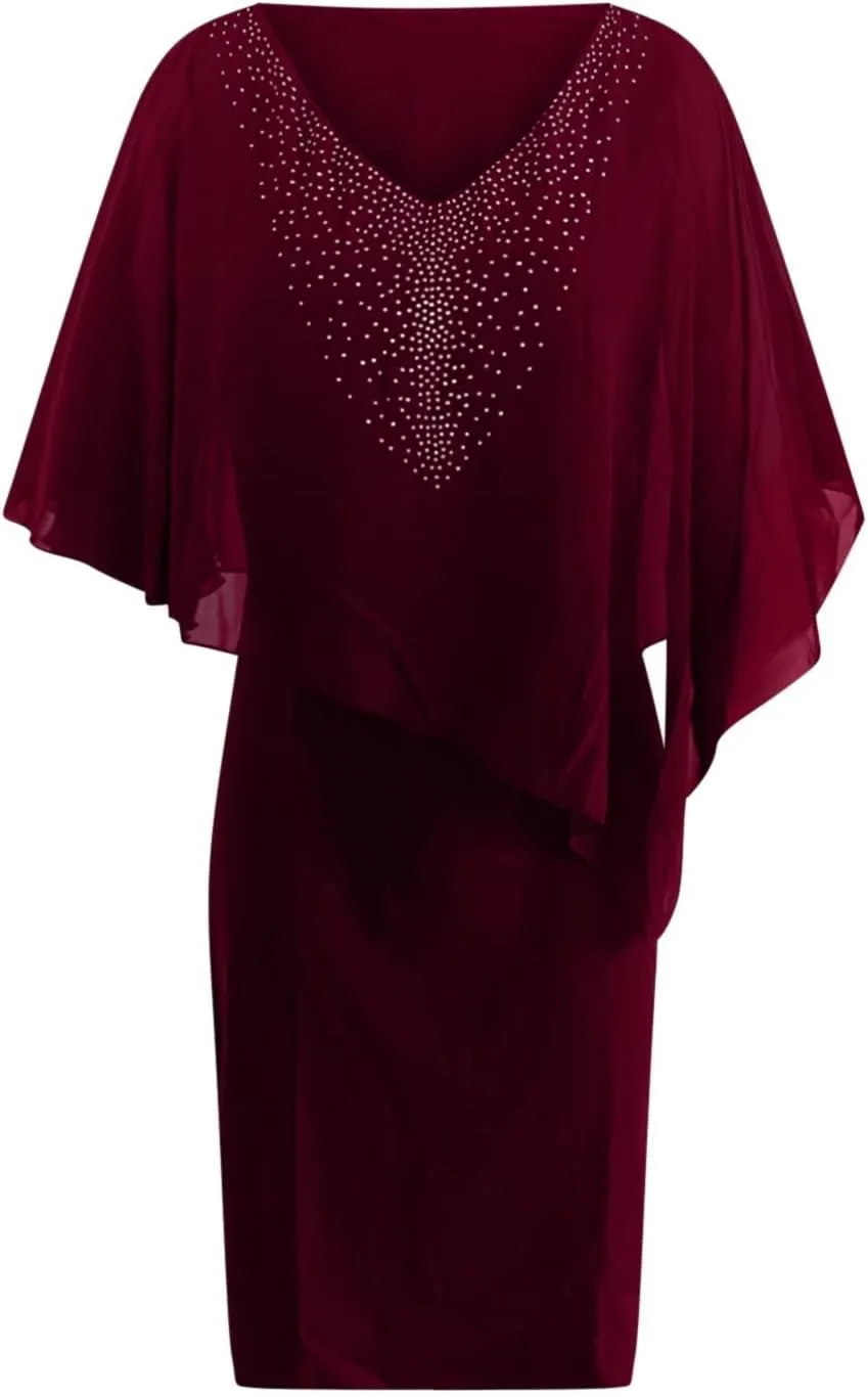 Plus Size Cape Dress for Women Elegant Casual V Neck Bodycon Pencil Dress with Chiffon Overlay Wedding Cocktail Party Dress