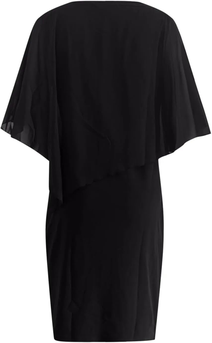 Plus Size Cape Dress for Women Elegant Casual V Neck Bodycon Pencil Dress with Chiffon Overlay Wedding Cocktail Party Dress