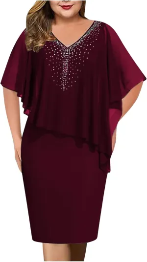 Plus Size Cape Dress for Women Elegant Casual V Neck Bodycon Pencil Dress with Chiffon Overlay Wedding Cocktail Party Dress