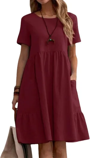 Plus Size Cotton Linen Dresses for Women Short Sleeve Crewneck Summer Casual Loose Beach Retro Midi Dress with Pocket