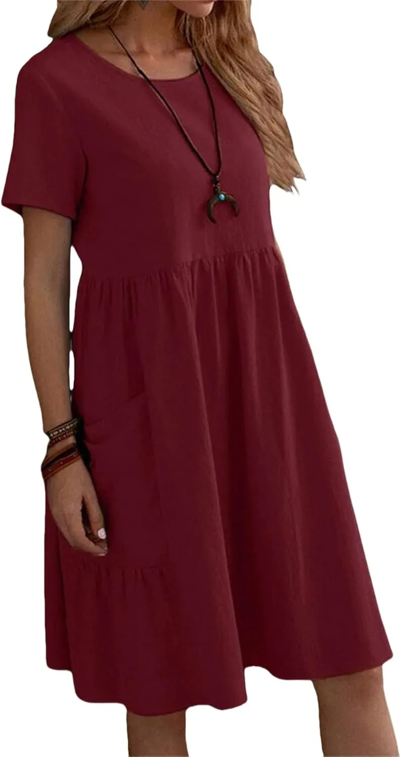 Plus Size Cotton Linen Dresses for Women Short Sleeve Crewneck Summer Casual Loose Beach Retro Midi Dress with Pocket