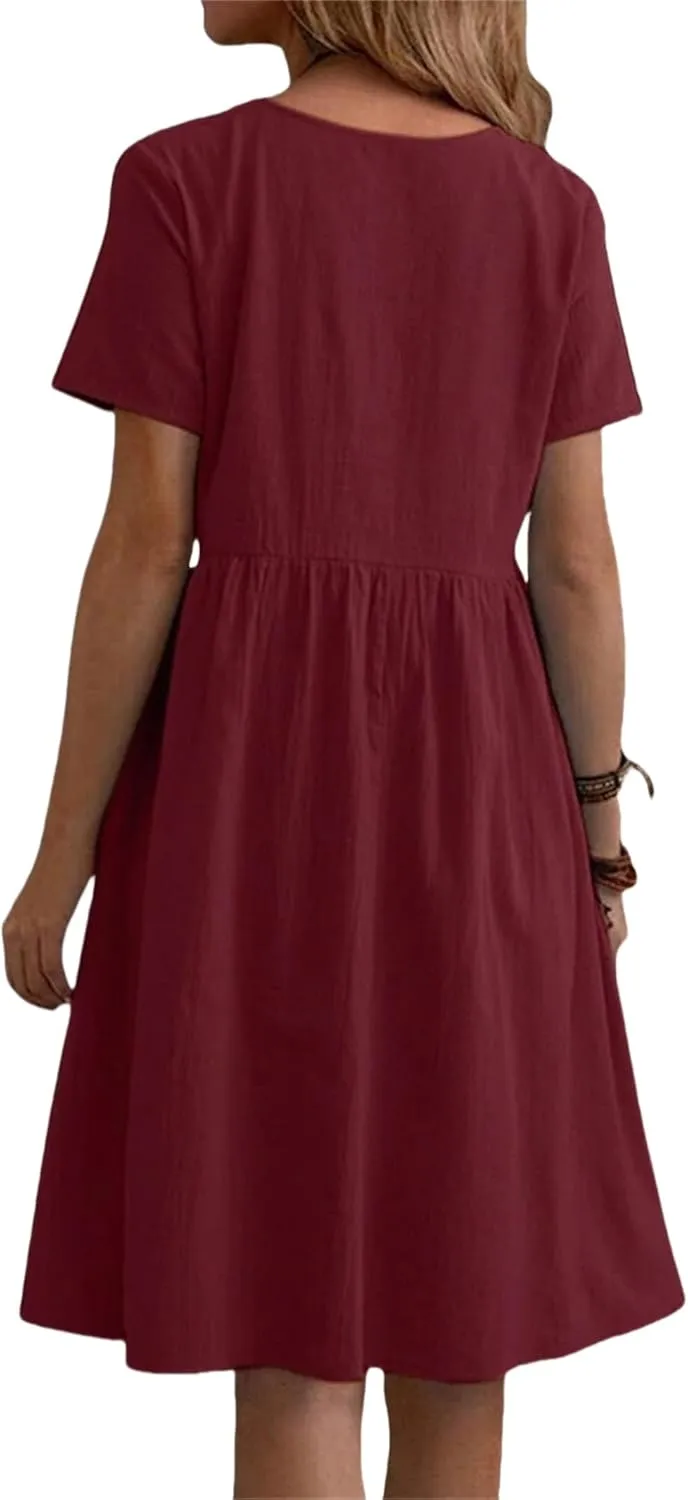 Plus Size Cotton Linen Dresses for Women Short Sleeve Crewneck Summer Casual Loose Beach Retro Midi Dress with Pocket
