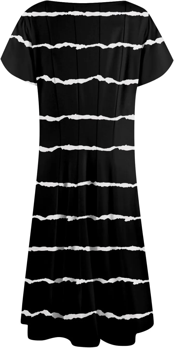 Plus Size Maxi Dress for Women 2025 Short Sleeve Casual Summer Print Round Neck Loose Sundress XL-3XL