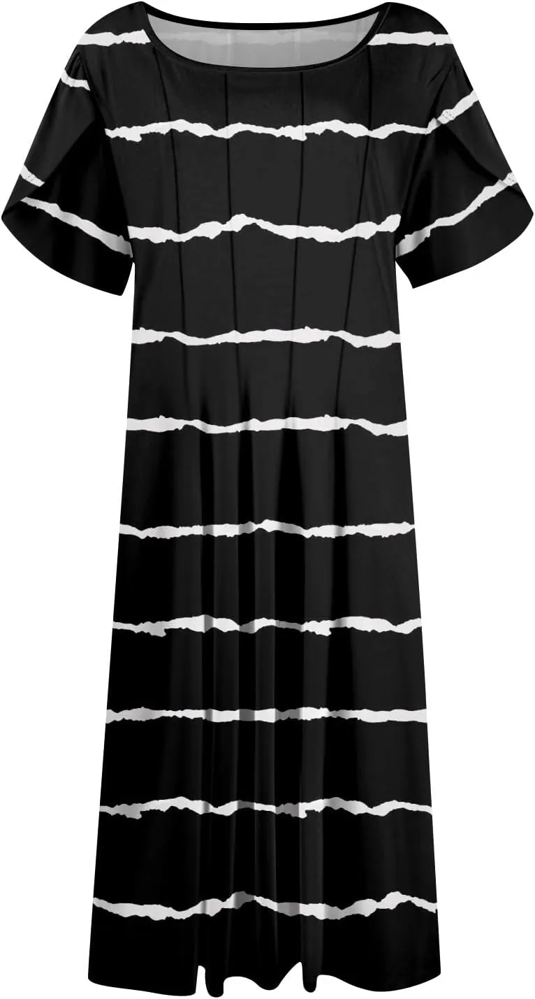 Plus Size Maxi Dress for Women 2025 Short Sleeve Casual Summer Print Round Neck Loose Sundress XL-3XL