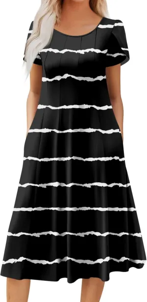 Plus Size Maxi Dress for Women 2025 Short Sleeve Casual Summer Print Round Neck Loose Sundress XL-3XL