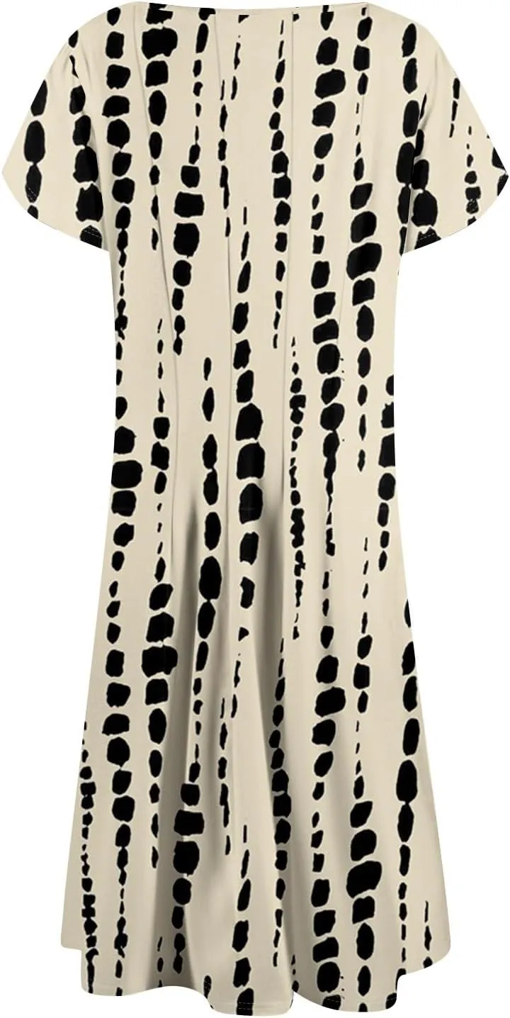 Plus Size Maxi Dress for Women 2025 Short Sleeve Casual Summer Print Round Neck Loose Sundress XL-3XL