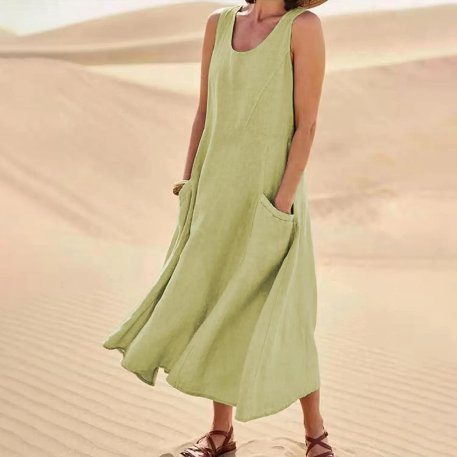 Plus Size Summer Dresses for Women 2025, Sleeveless Casual Cotten Linen Maxi Dress Hawaii Tropical Beach Tank Dress