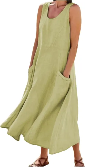 Plus Size Summer Dresses for Women 2025, Sleeveless Casual Cotten Linen Maxi Dress Hawaii Tropical Beach Tank Dress