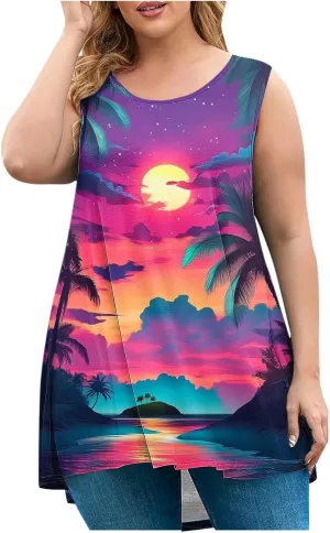Plus Size Tank Tops Women Sunshine Graphic Sleeveless Vintage Travel Vacation Tops Summer Beach Shirts Hide Belly Tees