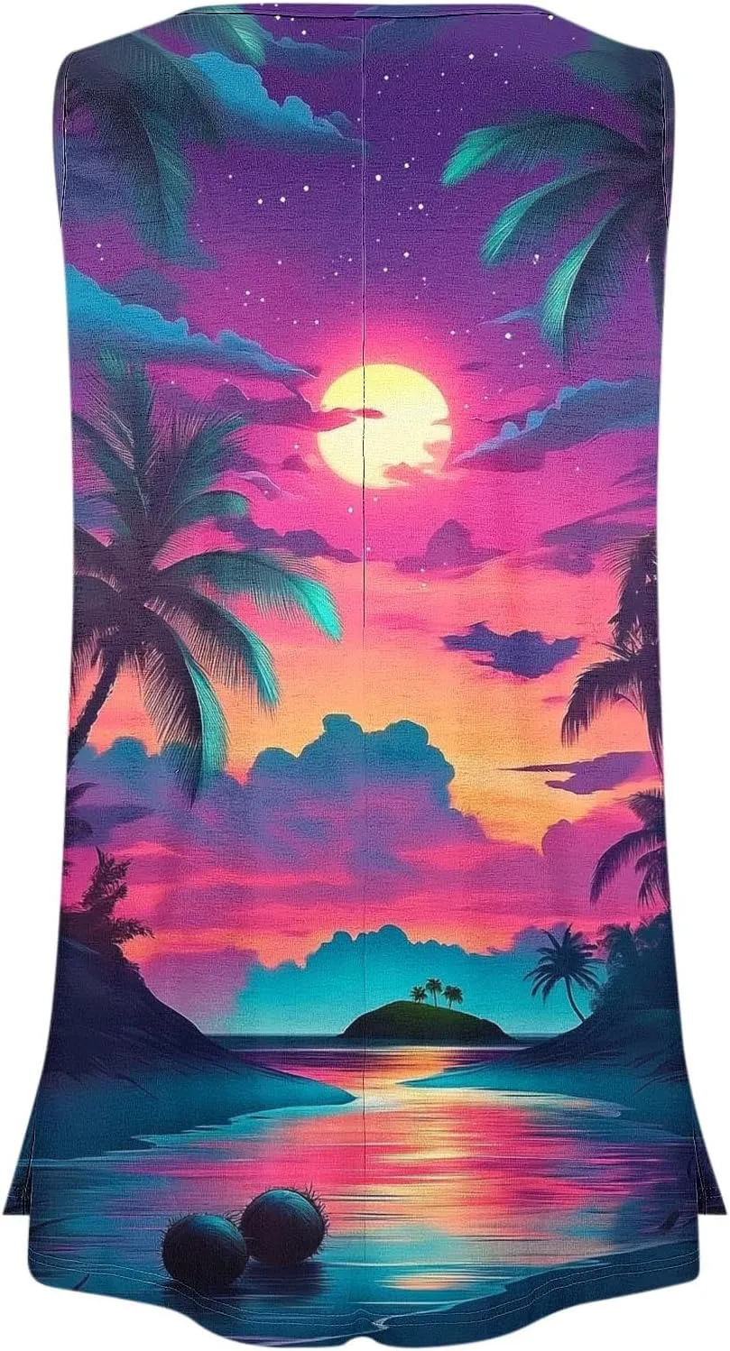 Plus Size Tank Tops Women Sunshine Graphic Sleeveless Vintage Travel Vacation Tops Summer Beach Shirts Hide Belly Tees