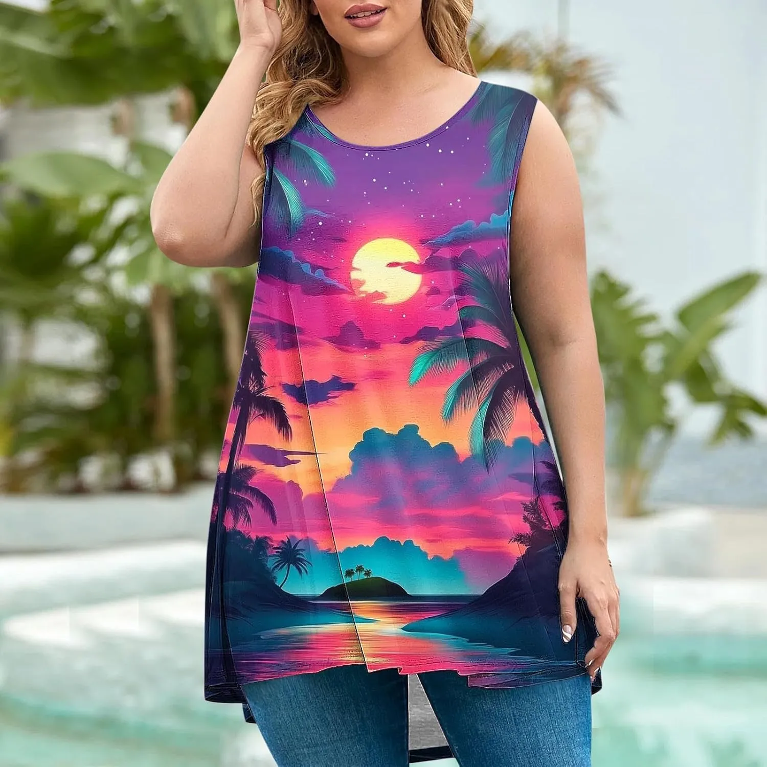 Plus Size Tank Tops Women Sunshine Graphic Sleeveless Vintage Travel Vacation Tops Summer Beach Shirts Hide Belly Tees