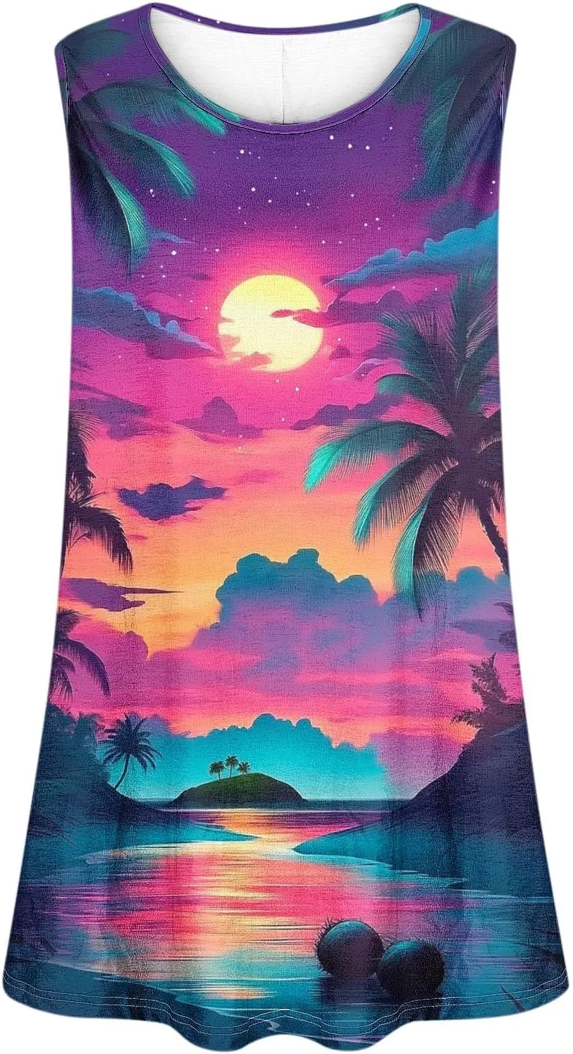 Plus Size Tank Tops Women Sunshine Graphic Sleeveless Vintage Travel Vacation Tops Summer Beach Shirts Hide Belly Tees