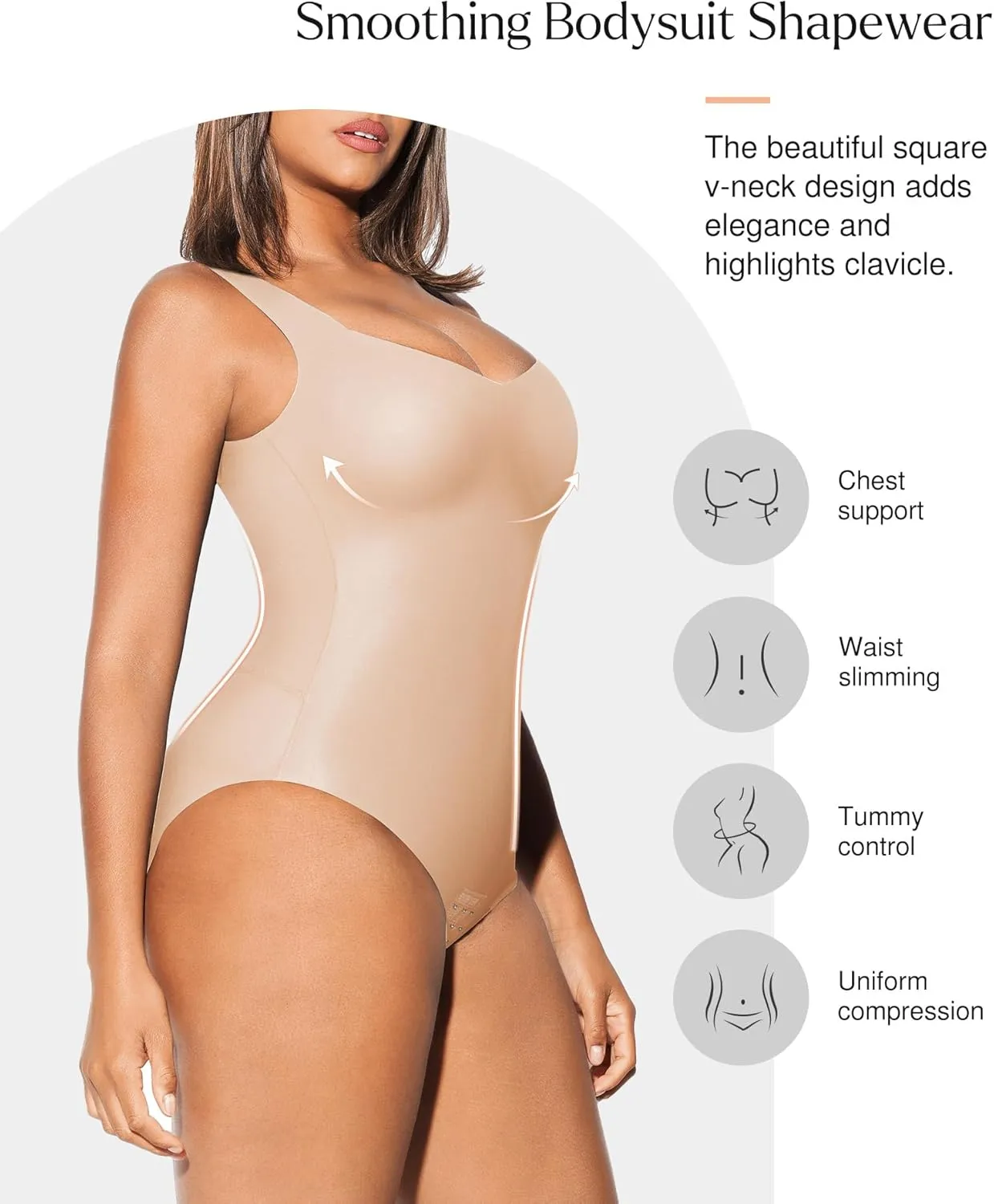 Popilush Shapewear Bodysuit Built in Bra Square Neck Tank Top Body Suits for Women Tummy Control Sleeveless Tops