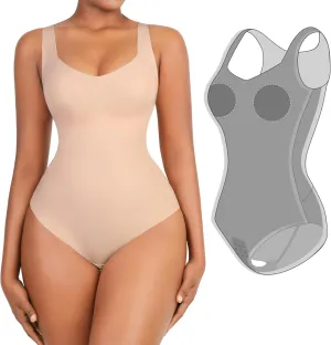 Popilush Shapewear Bodysuit Built in Bra Square Neck Tank Top Body Suits for Women Tummy Control Sleeveless Tops
