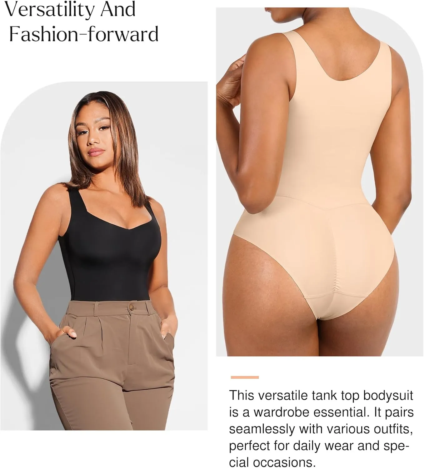 Popilush Shapewear Bodysuit Built in Bra Square Neck Tank Top Body Suits for Women Tummy Control Sleeveless Tops
