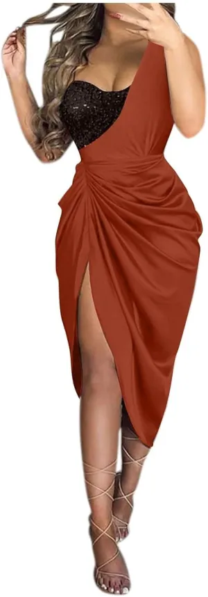 Prom Dresses for Women 2024 Sleeveless One Shoulder High Split Ruched Bodycon Cocktail Sequin Evening Party Midi Dress
