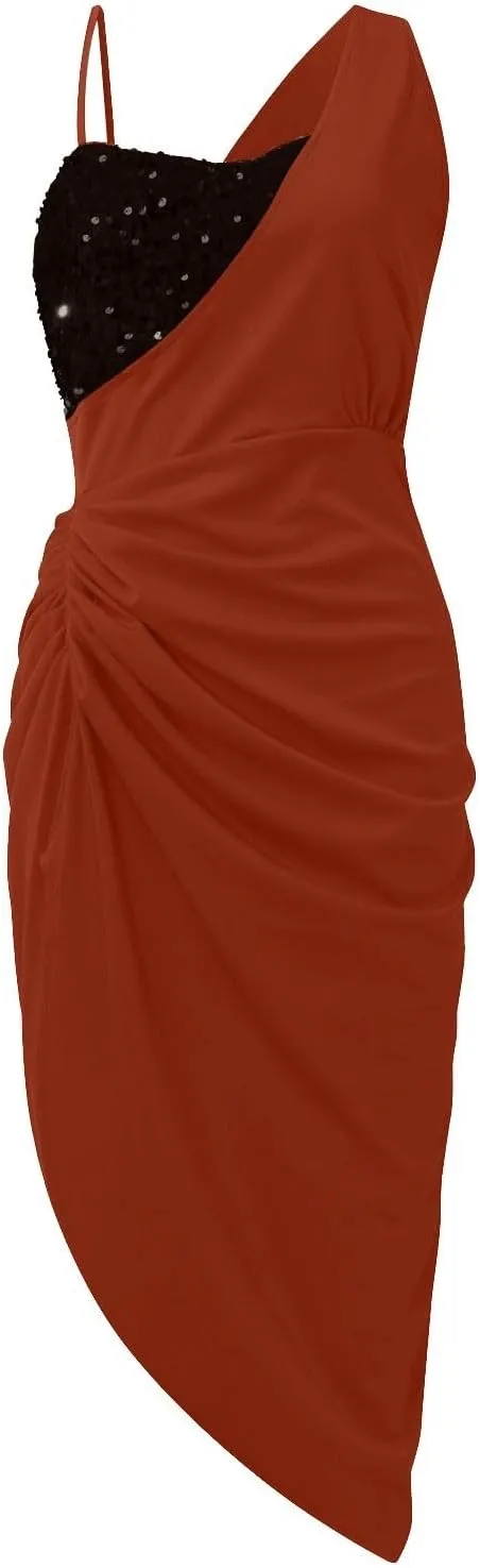Prom Dresses for Women 2024 Sleeveless One Shoulder High Split Ruched Bodycon Cocktail Sequin Evening Party Midi Dress