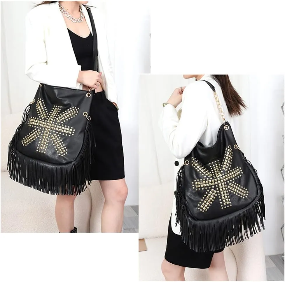PU Leather Fringe Hobo Bag Large Studded Handbag Crossbody Bag for Women