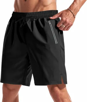 Quick Dry Shorts Men Summer Drawstring Elastic Waist Gym Shorts Baggy Lightweight Night Running Pants W/Zipper Pocket