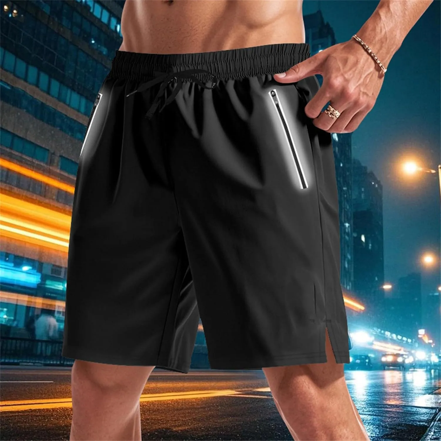 Quick Dry Shorts Men Summer Drawstring Elastic Waist Gym Shorts Baggy Lightweight Night Running Pants W/Zipper Pocket