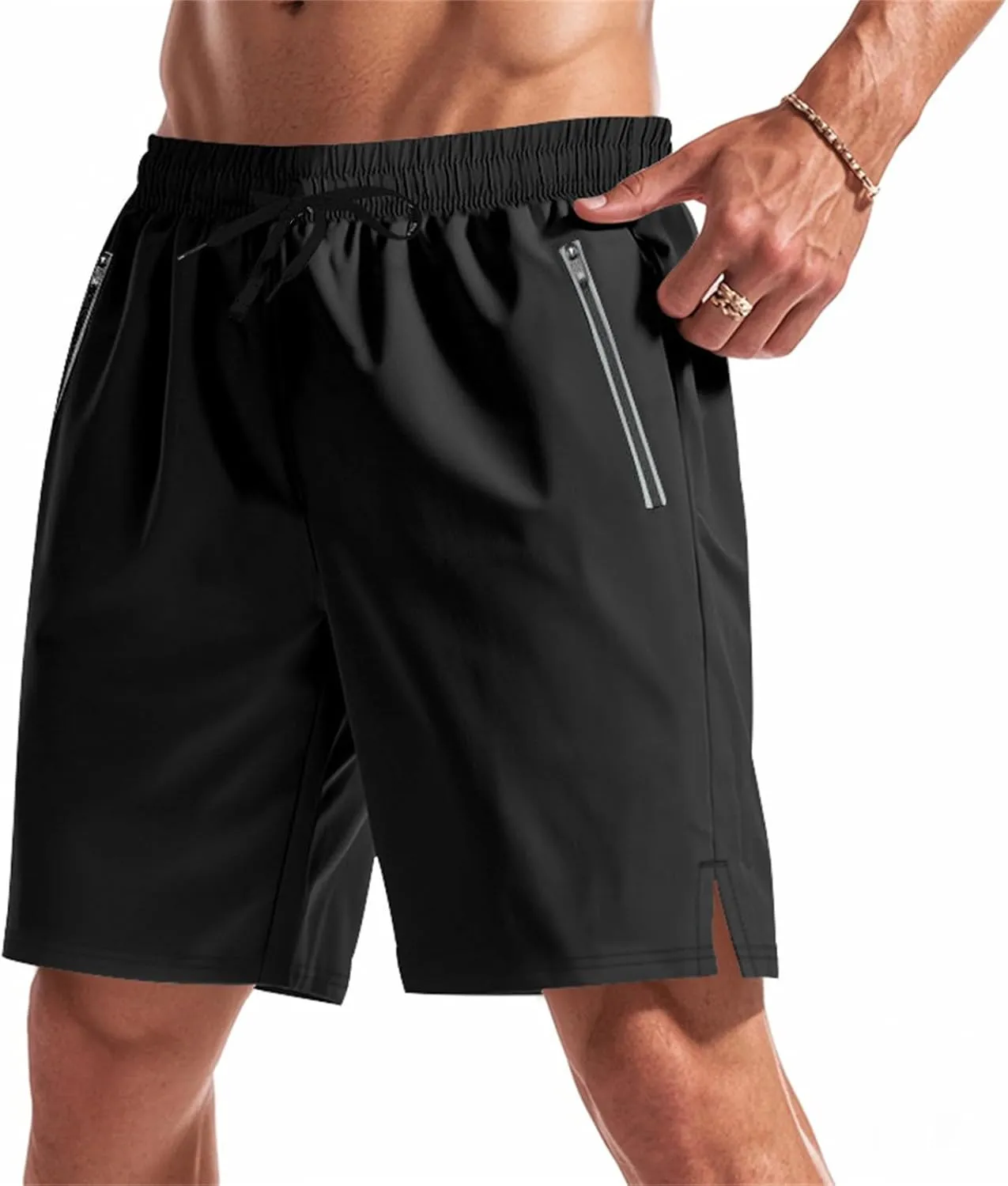 Quick Dry Shorts Men Summer Drawstring Elastic Waist Gym Shorts Baggy Lightweight Night Running Pants W/Zipper Pocket