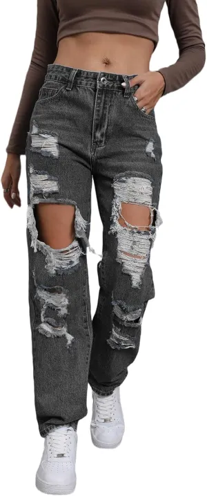 Ripped Jeans Womens Distressed high Waisted Jeans for Women Trendy Wide Straight Leg Y2k Pants Womens Jeans