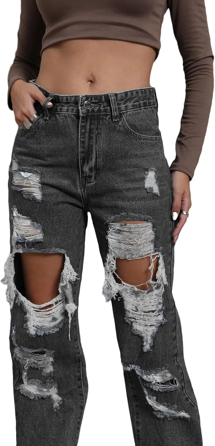 Ripped Jeans Womens Distressed high Waisted Jeans for Women Trendy Wide Straight Leg Y2k Pants Womens Jeans