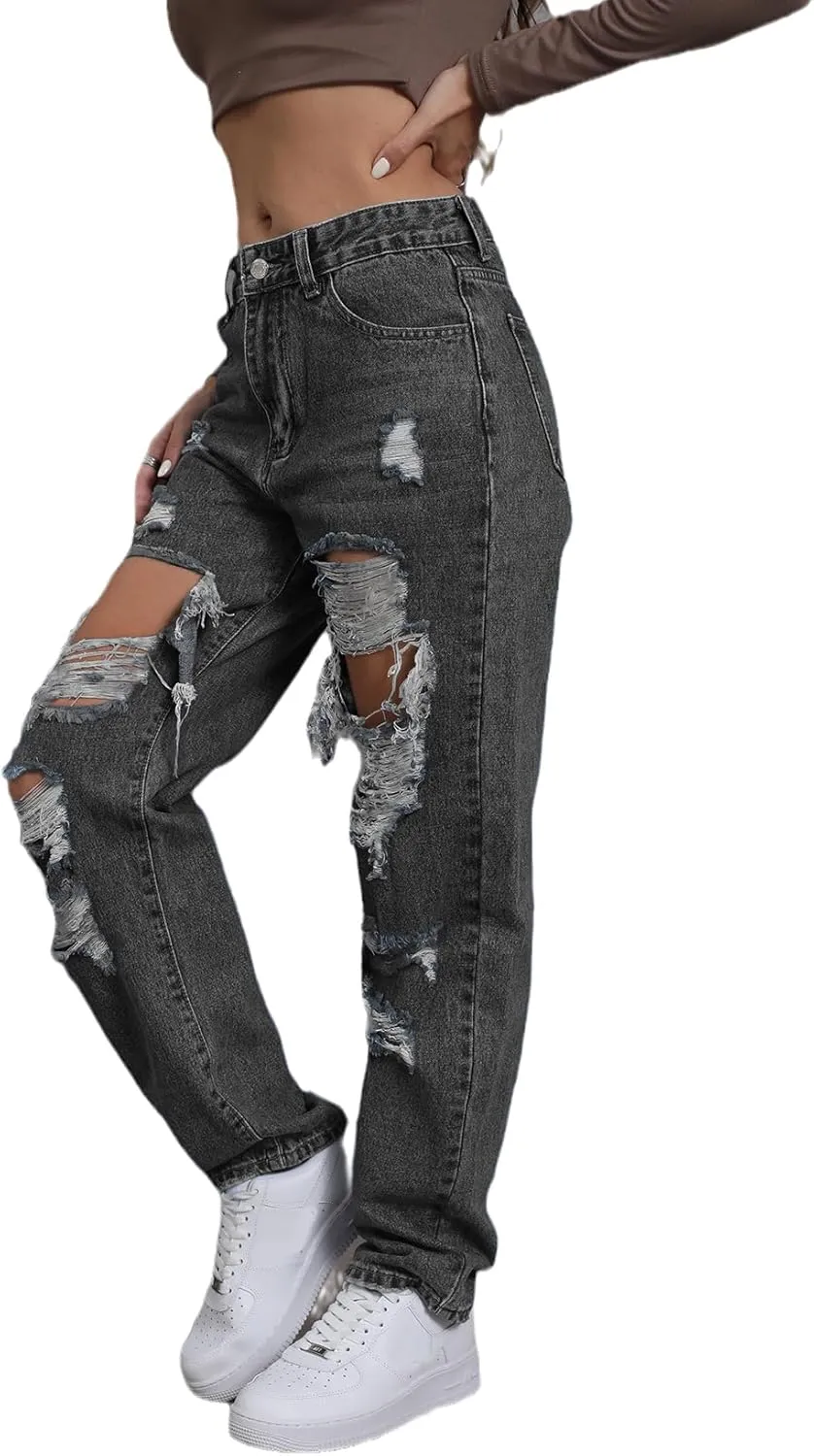 Ripped Jeans Womens Distressed high Waisted Jeans for Women Trendy Wide Straight Leg Y2k Pants Womens Jeans
