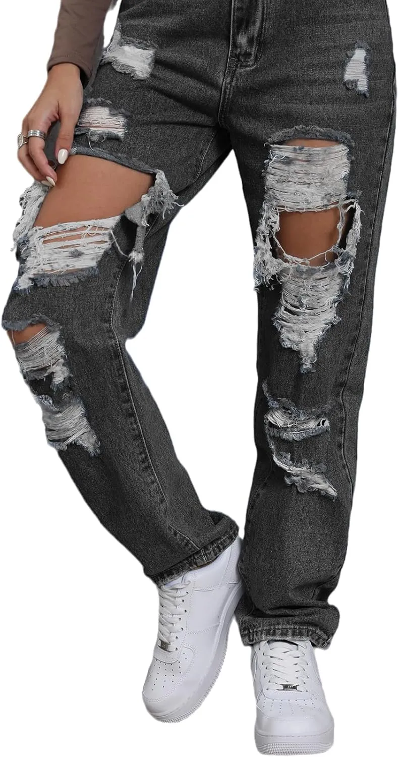 Ripped Jeans Womens Distressed high Waisted Jeans for Women Trendy Wide Straight Leg Y2k Pants Womens Jeans