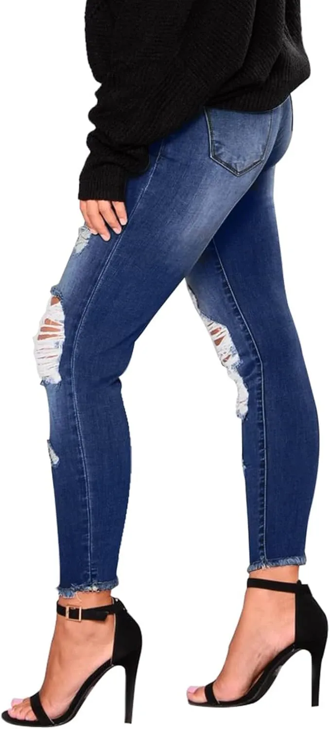 Ripped Jeans Womens Stretchy Low Rise Jeans Trendy Tummy Control Skinny Jeans Raw Hem Distressed Denim Leggings