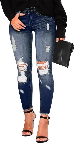 Ripped Jeans Womens Stretchy Low Rise Jeans Trendy Tummy Control Skinny Jeans Raw Hem Distressed Denim Leggings