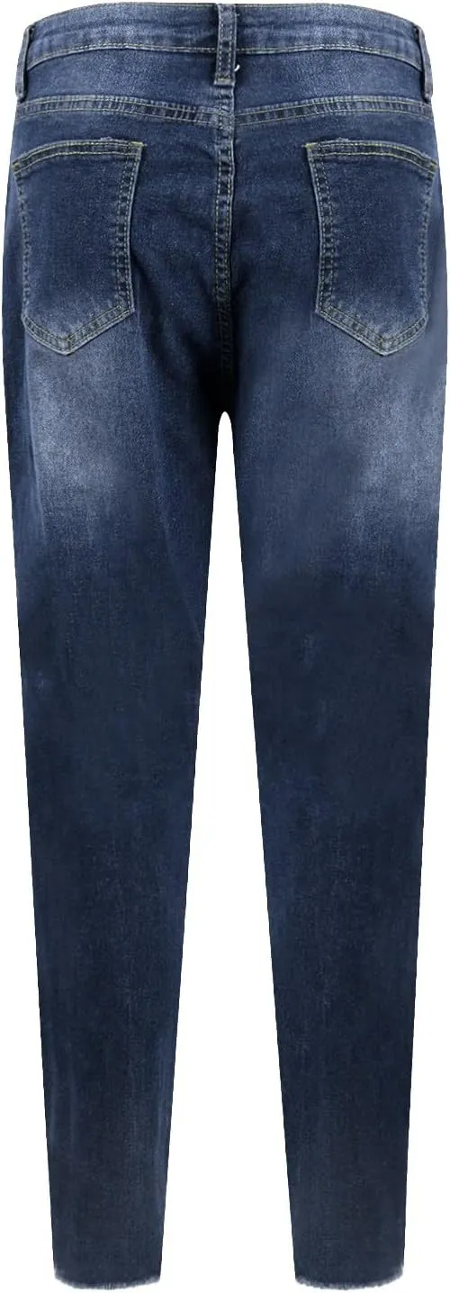 Ripped Jeans Womens Stretchy Low Rise Jeans Trendy Tummy Control Skinny Jeans Raw Hem Distressed Denim Leggings
