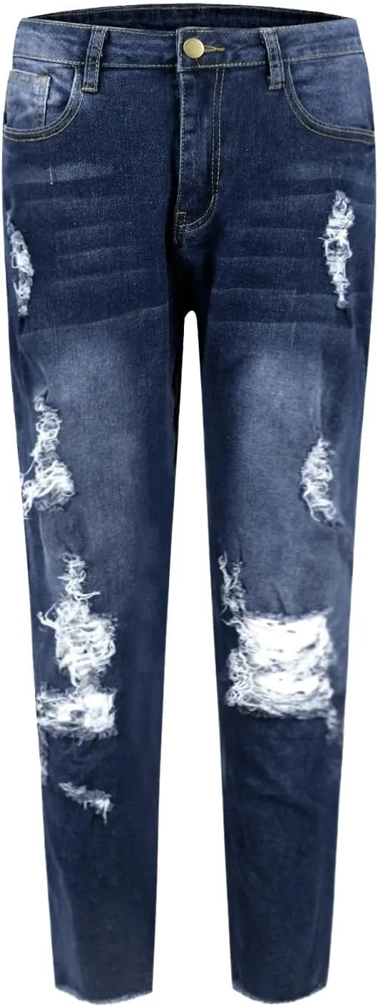Ripped Jeans Womens Stretchy Low Rise Jeans Trendy Tummy Control Skinny Jeans Raw Hem Distressed Denim Leggings