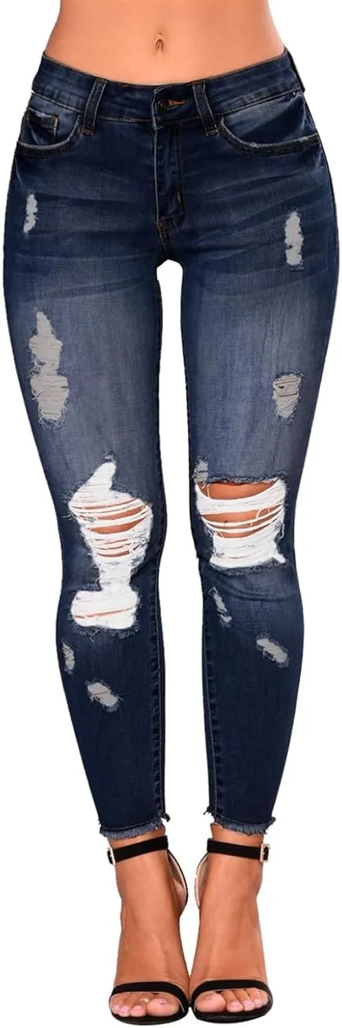 Ripped Jeans Womens Stretchy Low Rise Jeans Trendy Tummy Control Skinny Jeans Raw Hem Distressed Denim Leggings