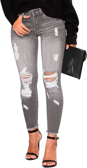 Ripped Jeans Womens Stretchy Low Rise Jeans Trendy Tummy Control Skinny Jeans Raw Hem Distressed Denim Leggings